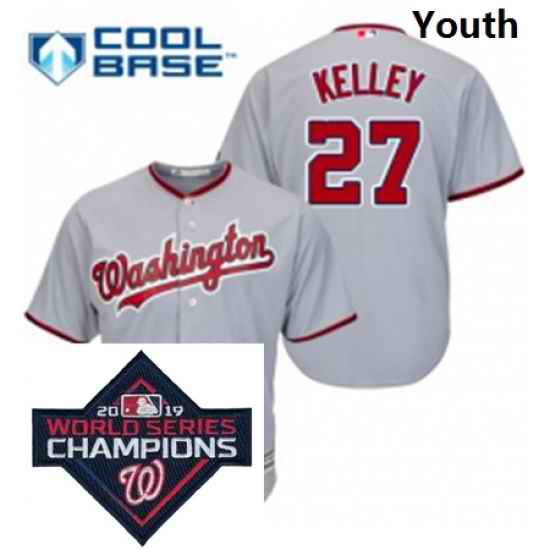 Youth Majestic Washington Nationals 27 Shawn Kelley Grey Road Cool Base MLB Stitched 2019 World Series Champions Patch Jersey